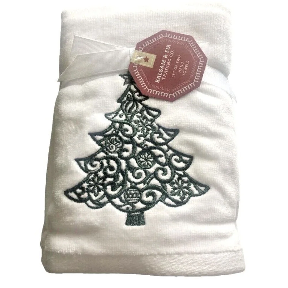 Christmas Tree Embroidered Hand Towels Bathroom White Green Balsam Fir Set of 2